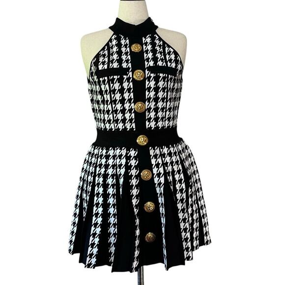 BALMAIN Women's Sleeveless Houndstooth Halterneck Mini Dress Size 46/ US 14